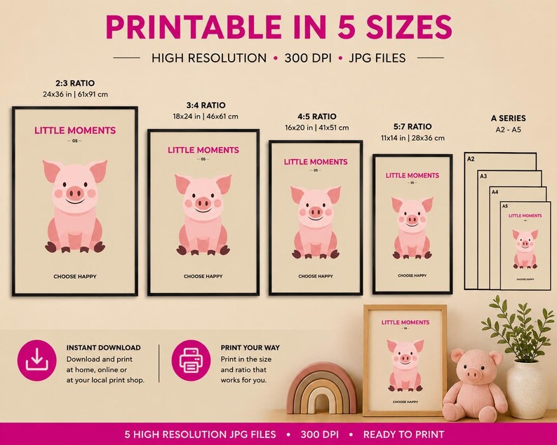 Cute pink pig nursery wall art print, extra photo 2