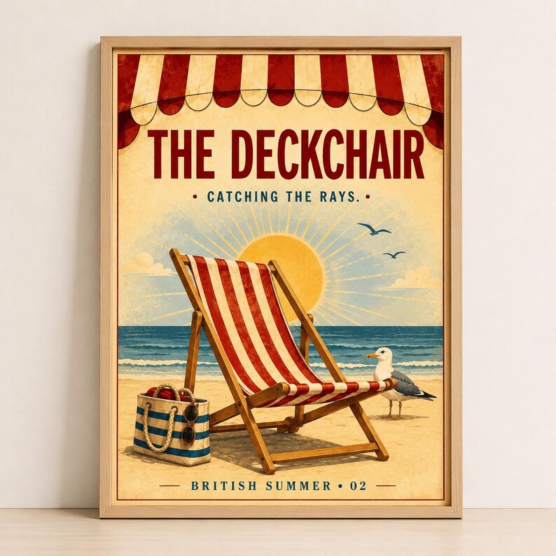 Retro British seaside deckchair wall art print