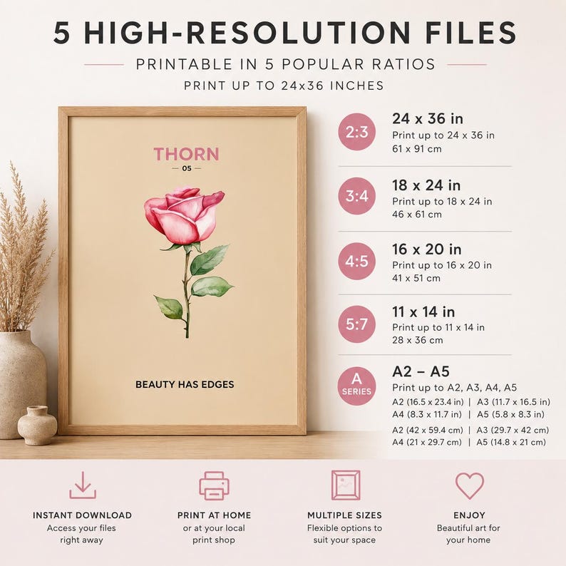 Pink rose watercolour floral wall art print, extra photo 1