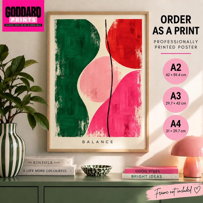 Abstract Balance Poster, Geometric Shapes, Pink Green Red Art Print