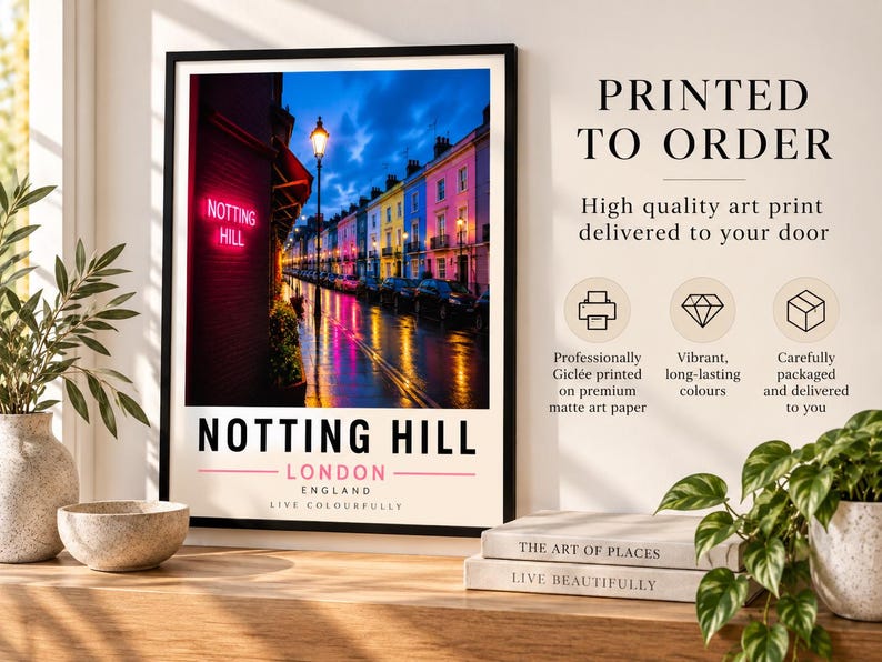 Colourful Notting Hill London townhouses rainy street art print — extra photo 2