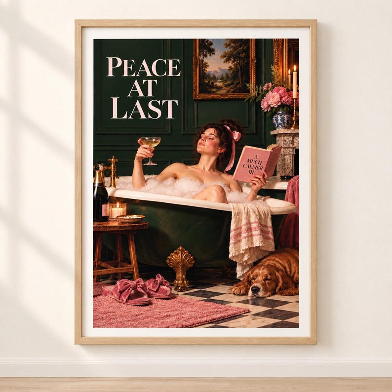 Peace At Last vintage bathroom print of a woman in a bubble bath with champagne and a book, dark green panelling and soft pink details