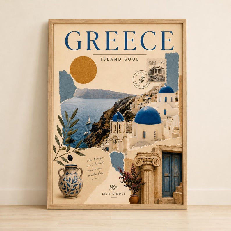Greece Santorini travel poster with whitewashed buildings and blue sea