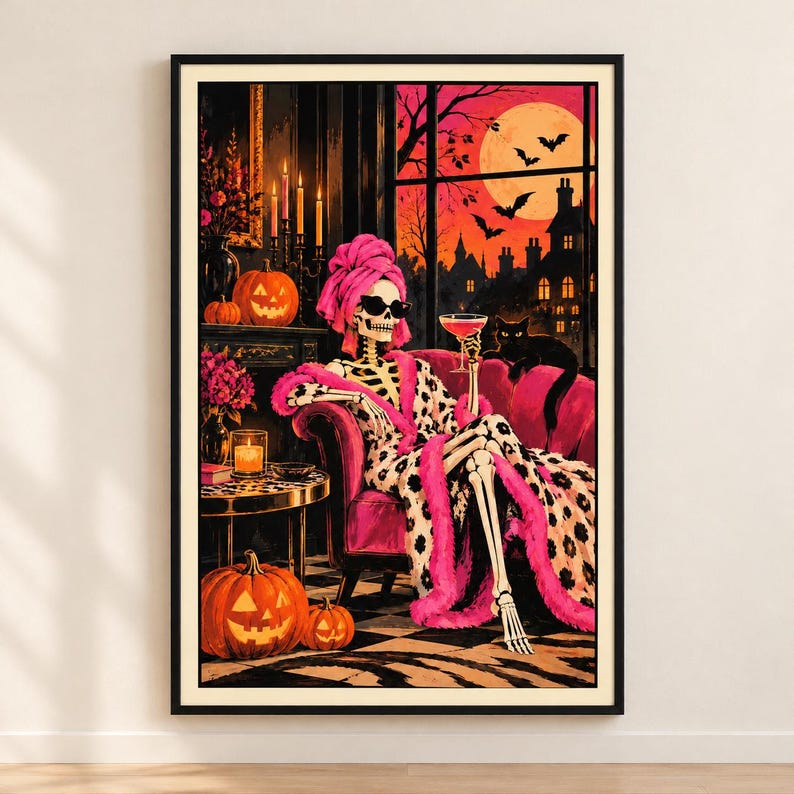 Pink Halloween skeleton print of a skeleton lounging in a hot pink armchair in a leopard print robe and pink towel