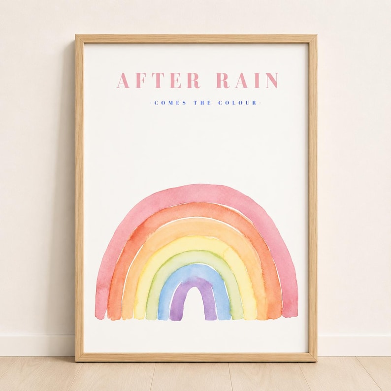 Pastel rainbow wall art print in a light wood frame