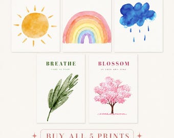 Set of five watercolour wall art prints including sun, rainbow, raindrops, botanicals and blossom