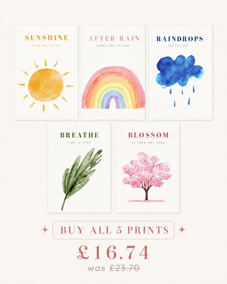 Set of five watercolour wall art prints including sun, rainbow, raindrops, botanicals and blossom