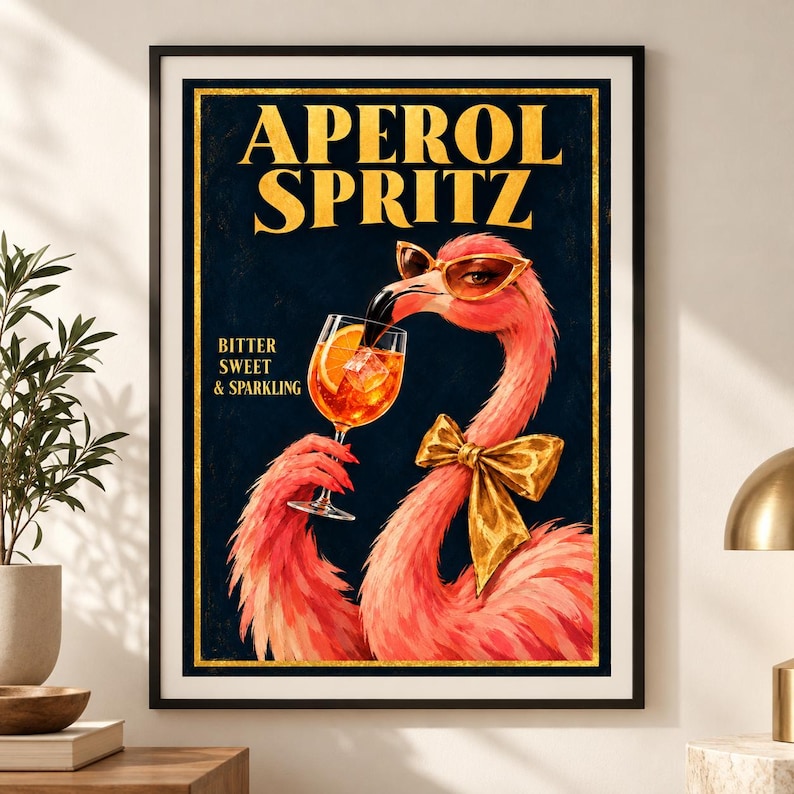 Aperol Spritz flamingo print of a pink flamingo in golden sunglasses with a sparkling cocktail, navy, gold and coral tones, extra photo 4