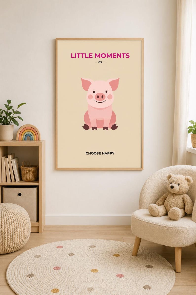 Cute pink pig nursery wall art print, extra photo 1