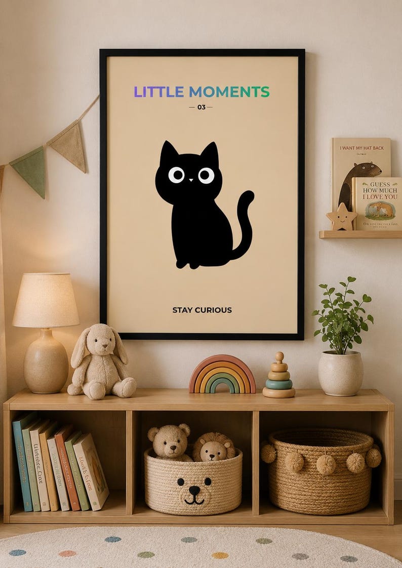 Cute black cat nursery wall art print - extra photo 1