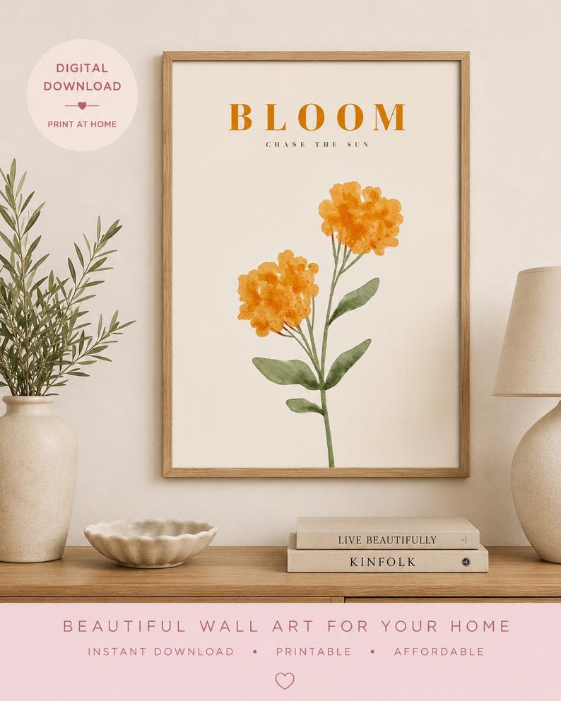 Orange watercolour floral bloom print in a light wood frame — extra photo 1