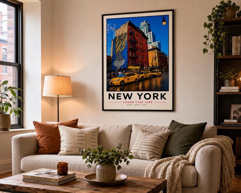 New York Lower East Side travel poster in a light wood frame, extra photo 1