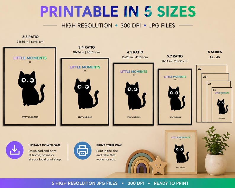 Cute black cat nursery wall art print - extra photo 2