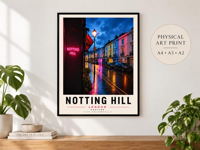 Colourful Notting Hill London townhouses rainy street art print