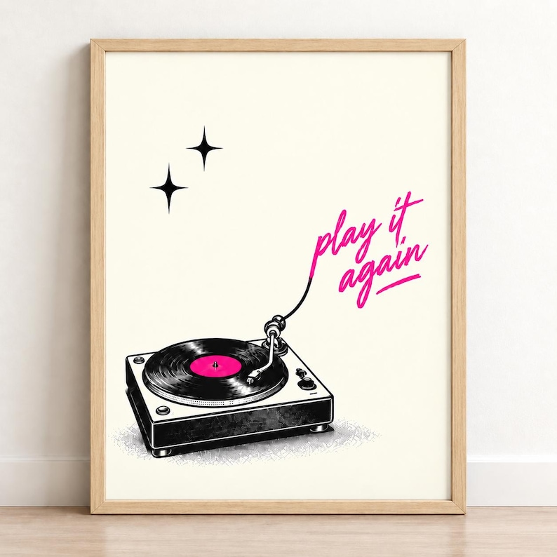 Retro Record Player Print, Pink Typography Vinyl Music Poster