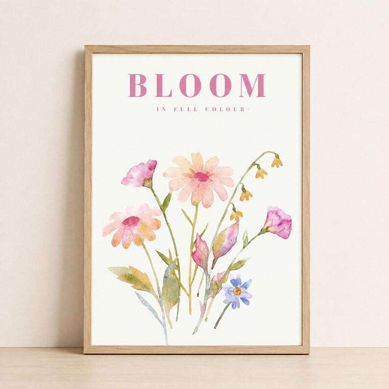 Pink watercolour floral bloom wall art print