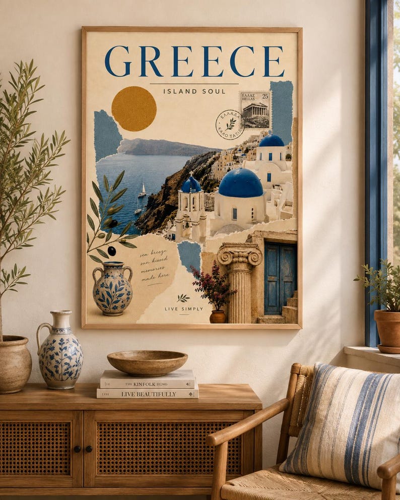 Greece Santorini travel poster with whitewashed buildings and blue sea, extra photo 1