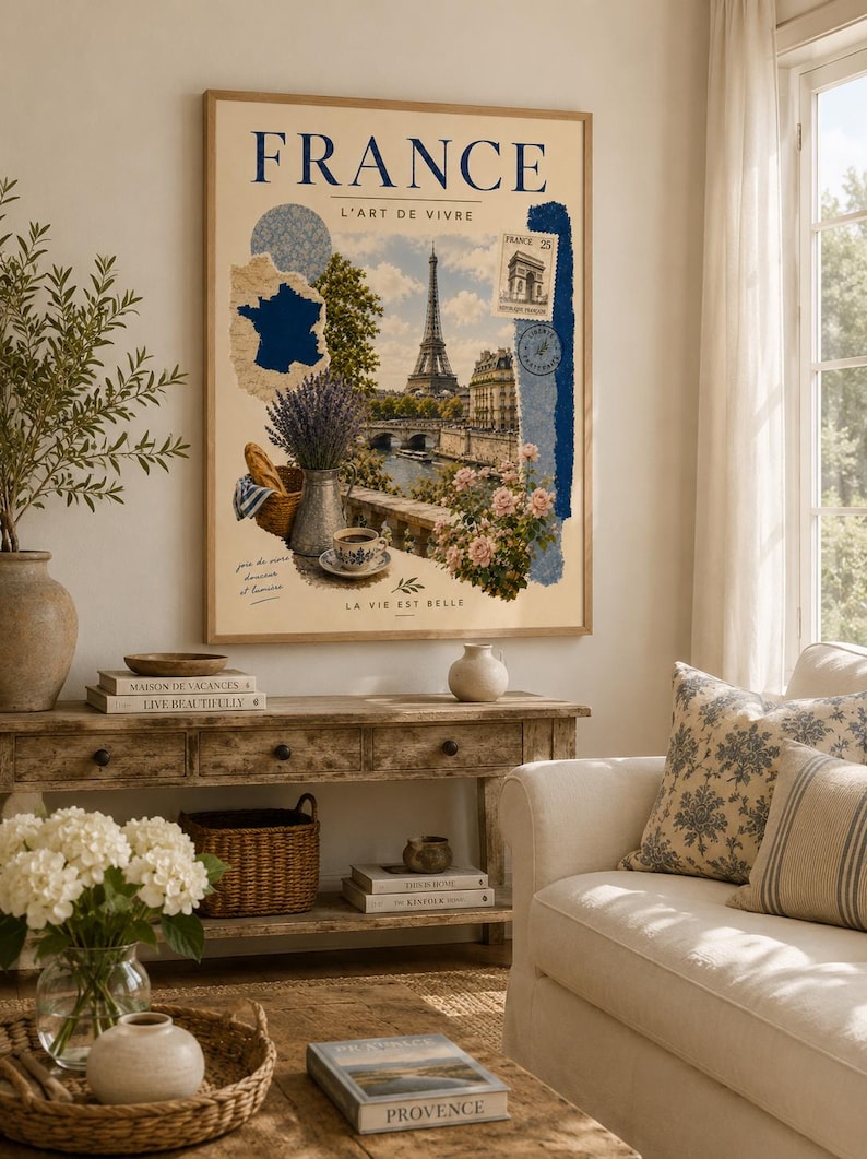 Vintage-style France and Paris travel poster in a light wood frame — extra photo 1