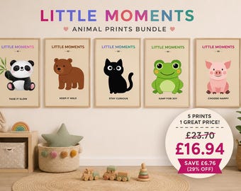 Nursery wall art set of five cute animal prints