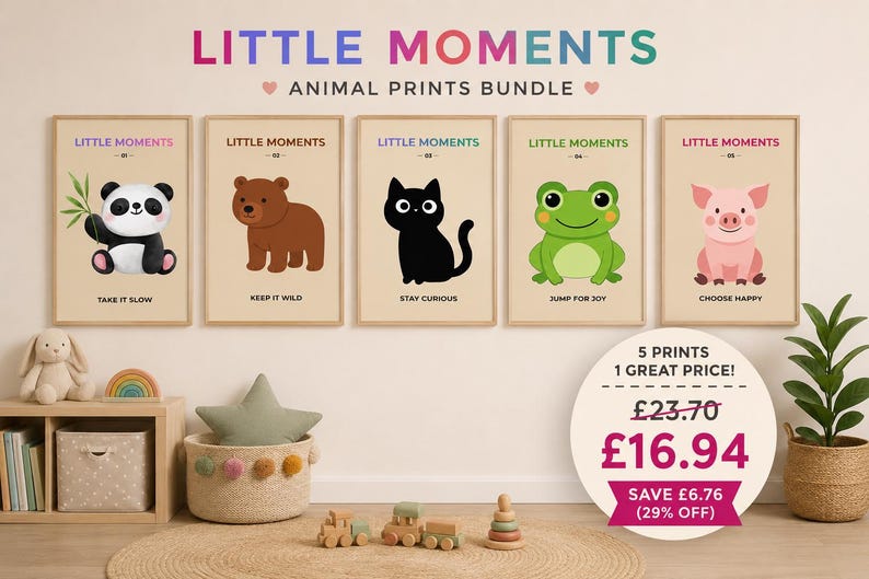 Nursery wall art set of five cute animal prints
