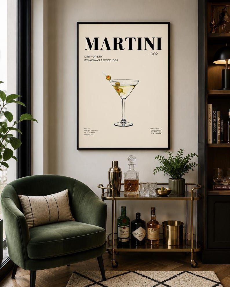 Minimalist martini cocktail poster with cream background and line art — extra photo 1