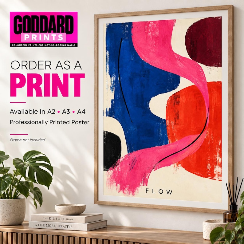 Flow Abstract Wall Art Print, Bold Pink Blue Red Curves, Modern Poster