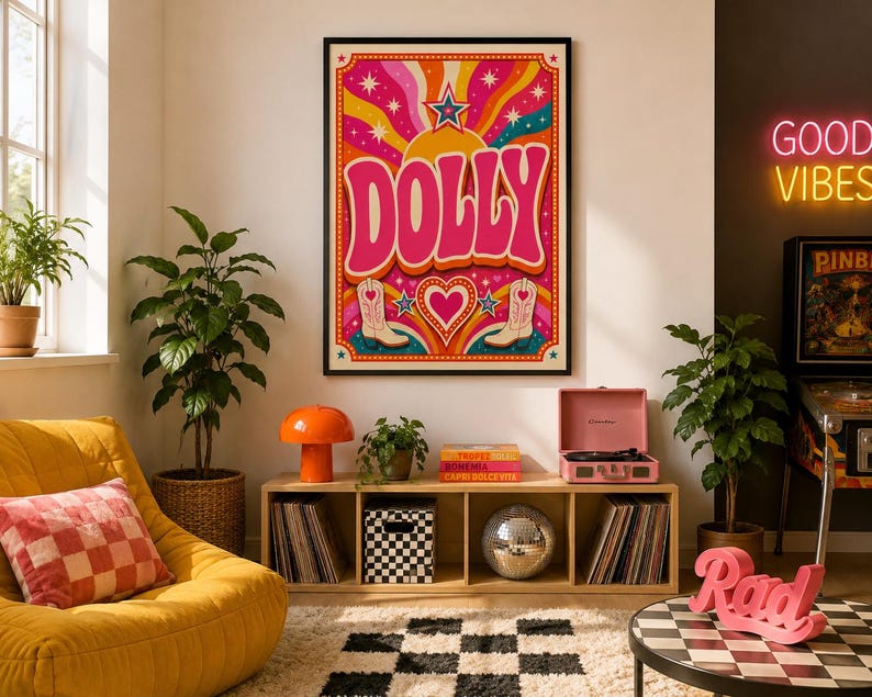 Retro western Dolly wall art with wavy pink, orange and yellow lettering — extra photo 1