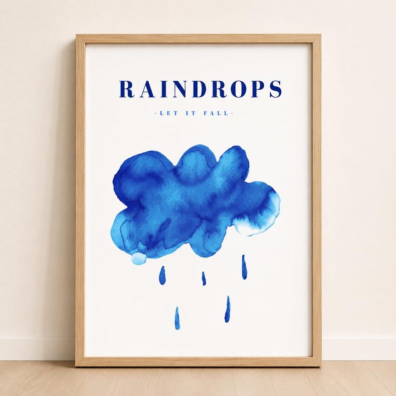 Blue rain cloud and raindrops wall art print