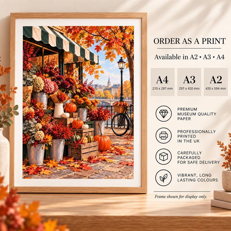 Autumn flower shop street scene print with pumpkins, striped awning and a Paris backdrop, professionally printed