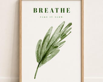 Green botanical print with the word Breathe
