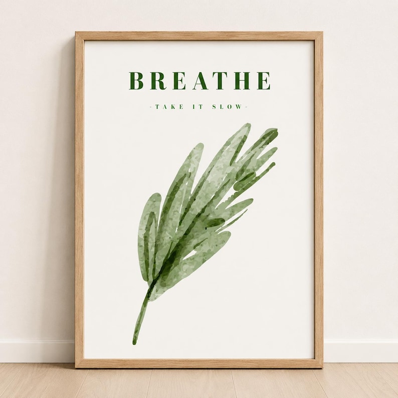Green botanical print with the word Breathe