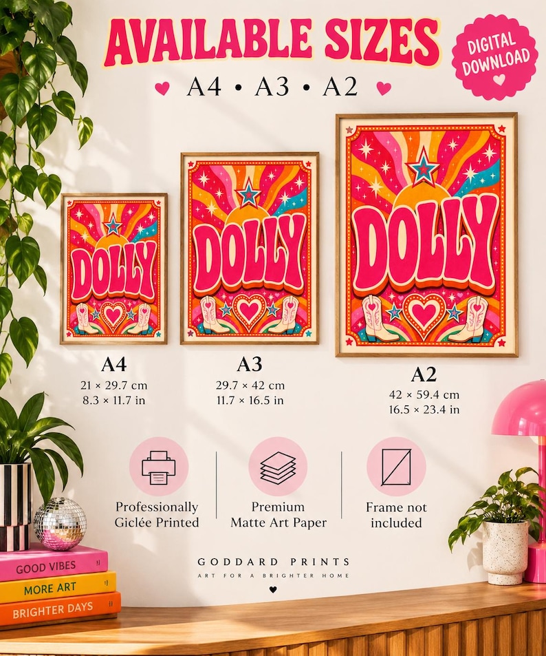 Retro western Dolly wall art with wavy pink, orange and yellow lettering — extra photo 3