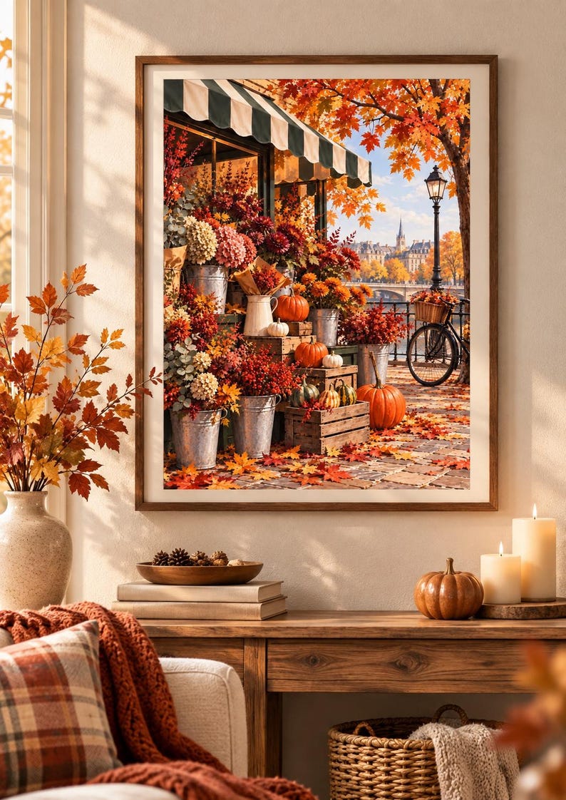 Paris autumn flower shop street scene print with pumpkins, seasonal flowers and golden leaves, extra photo 5