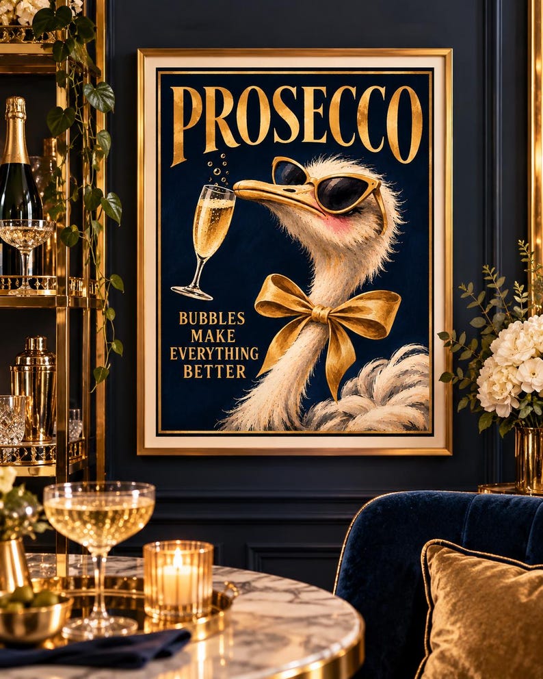 Prosecco ostrich print of an ostrich in gold sunglasses and a gold bow sipping bubbly, navy and gold, Bubbles Make Everything Better, extra photo 3