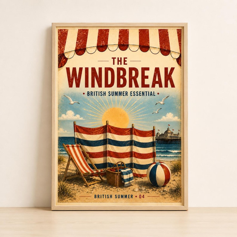Retro British seaside windbreak wall art print