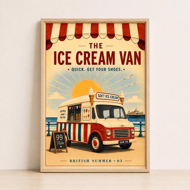 Retro British seaside ice cream van wall art print