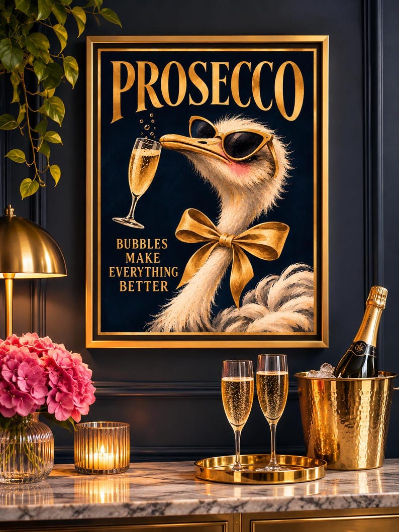Prosecco ostrich print of an ostrich in gold sunglasses and a gold bow sipping bubbly, navy and gold, Bubbles Make Everything Better, extra photo 4