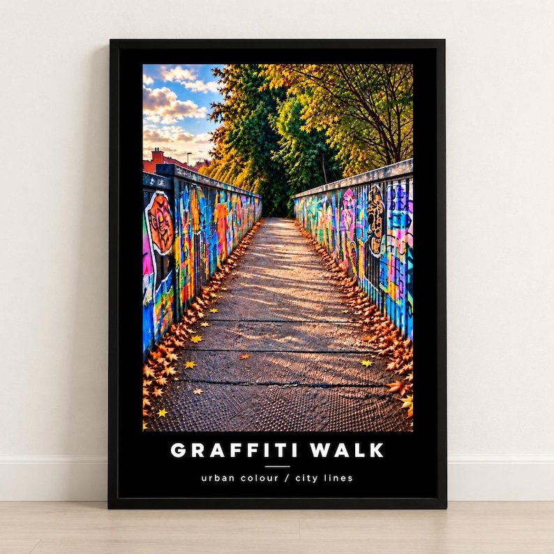 Colourful urban graffiti wall art print in a light wood frame