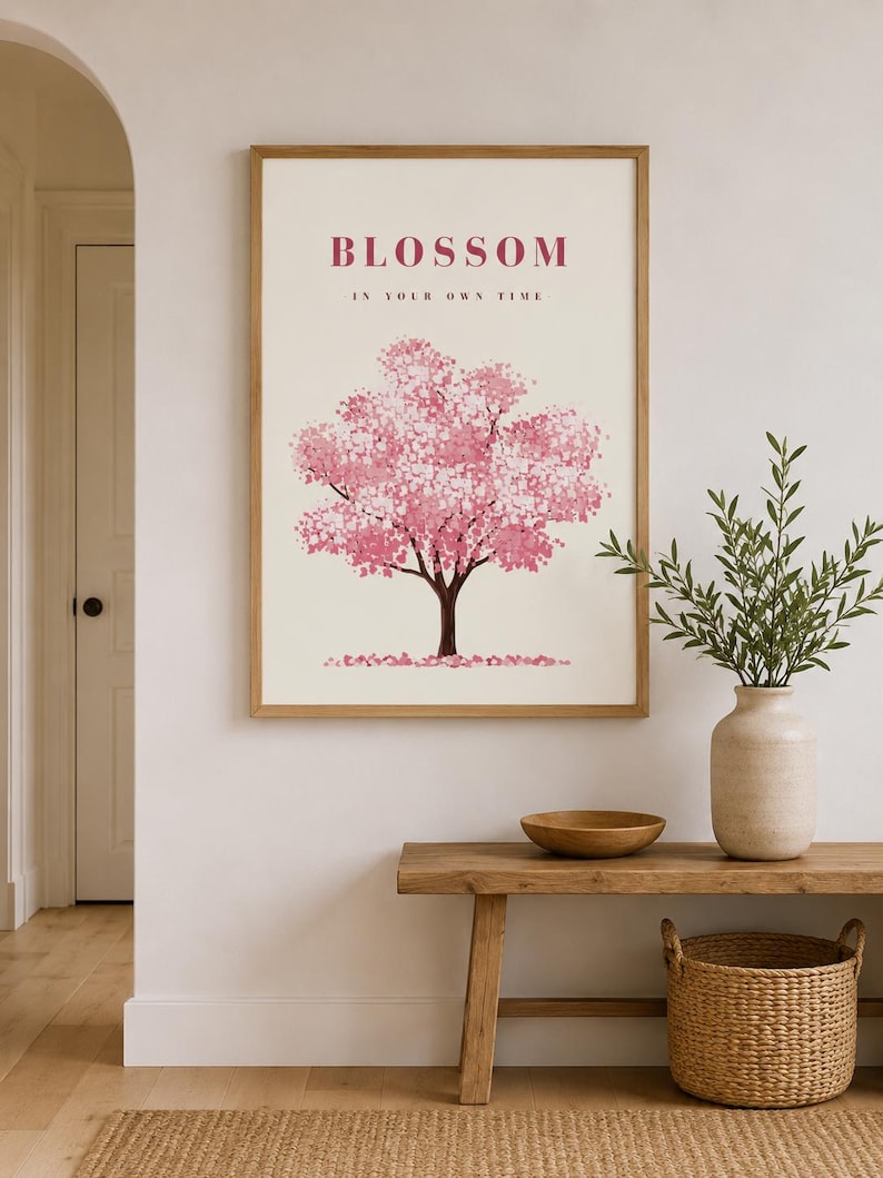 Pink blossom tree watercolour wall art print, extra photo 1
