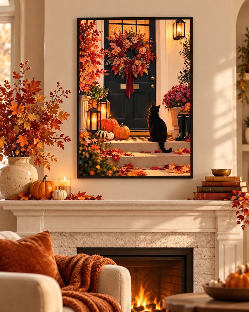 Autumn black cat front door print with pumpkins, glowing lanterns and a wreath, professionally printed, extra photo 1
