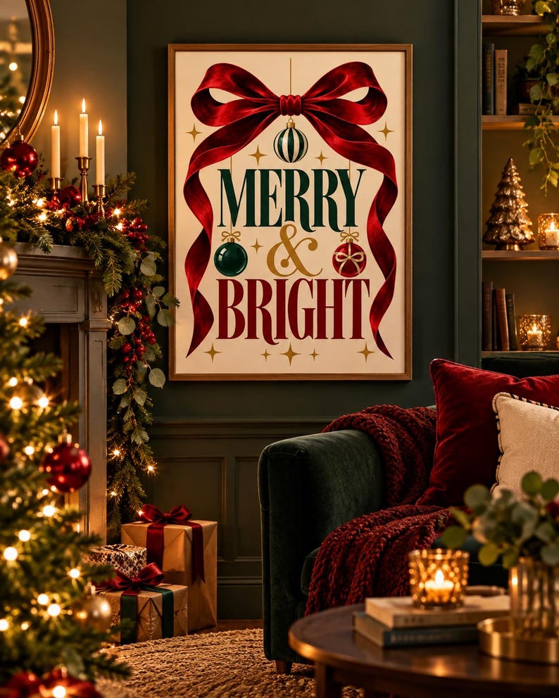 Merry & Bright festive typography Christmas wall art print with a red velvet bow, extra photo 3