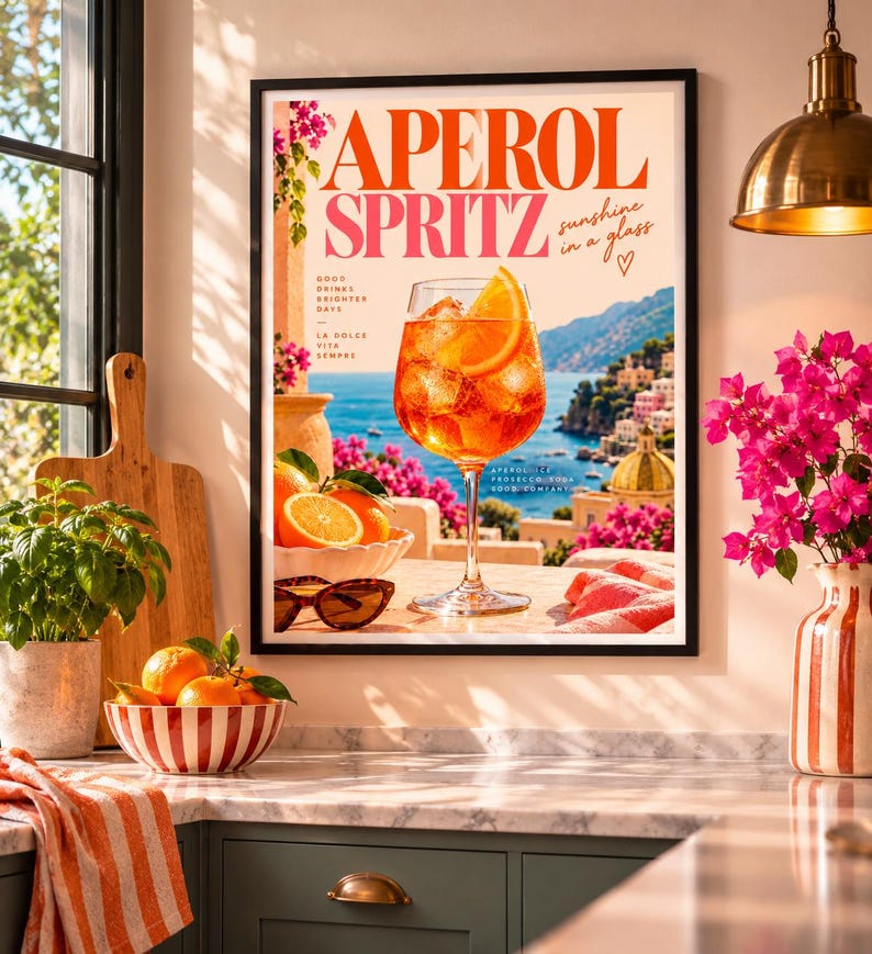 Aperol Spritz wall art print of an orange cocktail overlooking a Mediterranean coastline with retro typography and sunset tones, extra photo 2