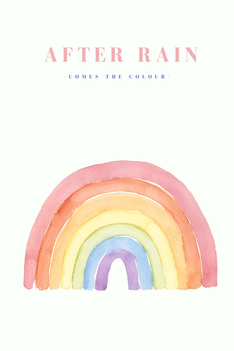 Set of five watercolour wall art prints including sun, rainbow, raindrops, botanicals and blossom, extra photo 2