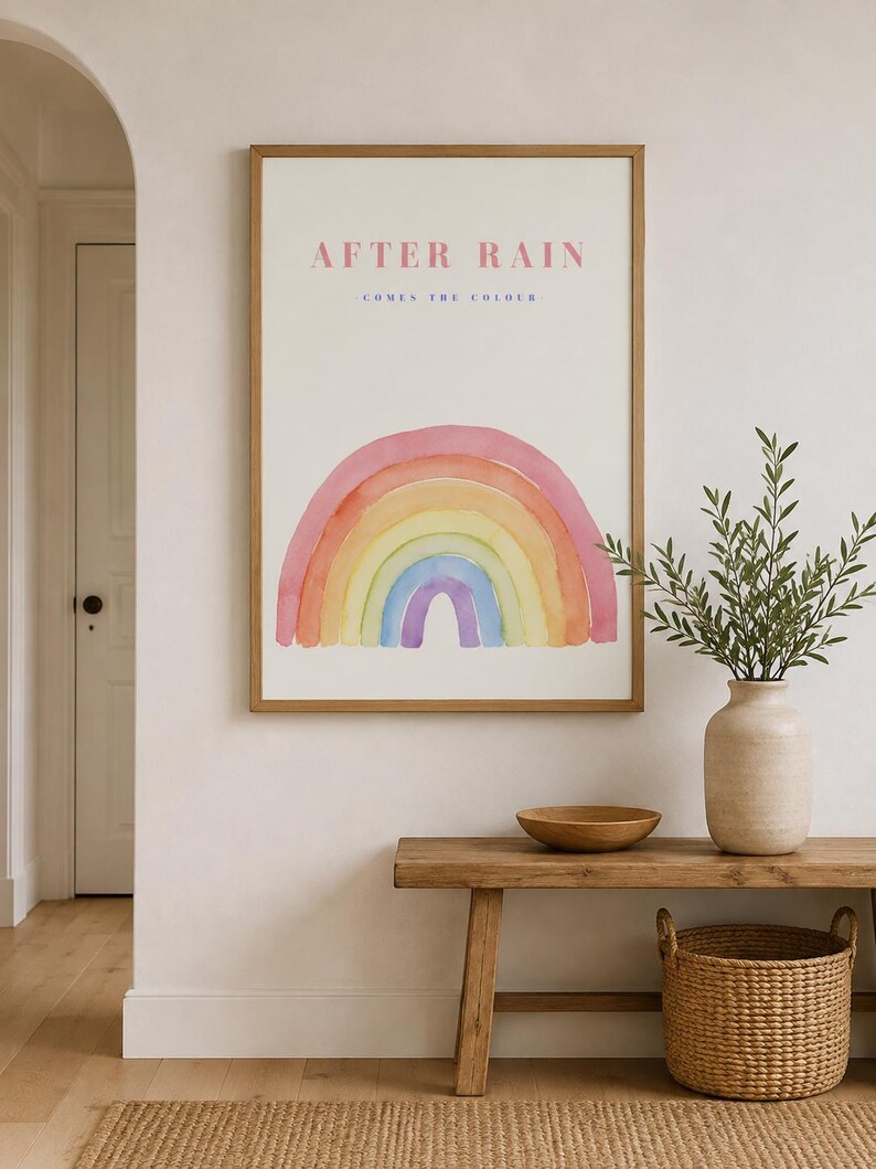 Pastel rainbow wall art print in a light wood frame, extra photo 1