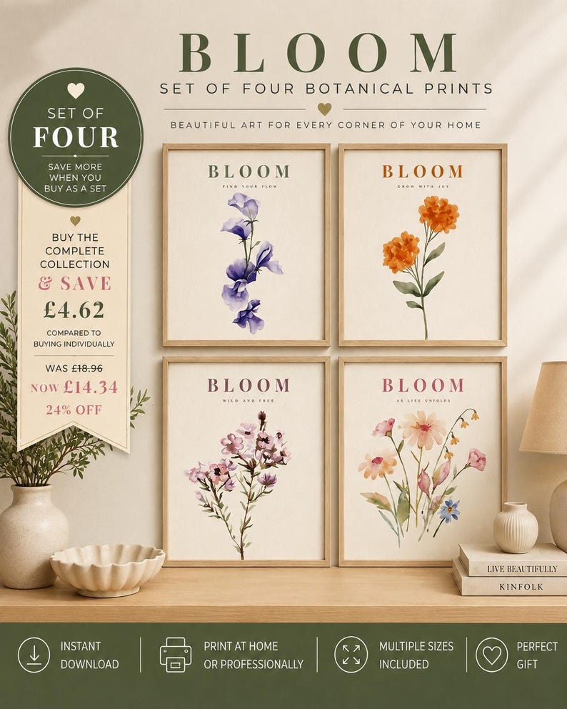 Set of four BLOOM watercolour botanical prints