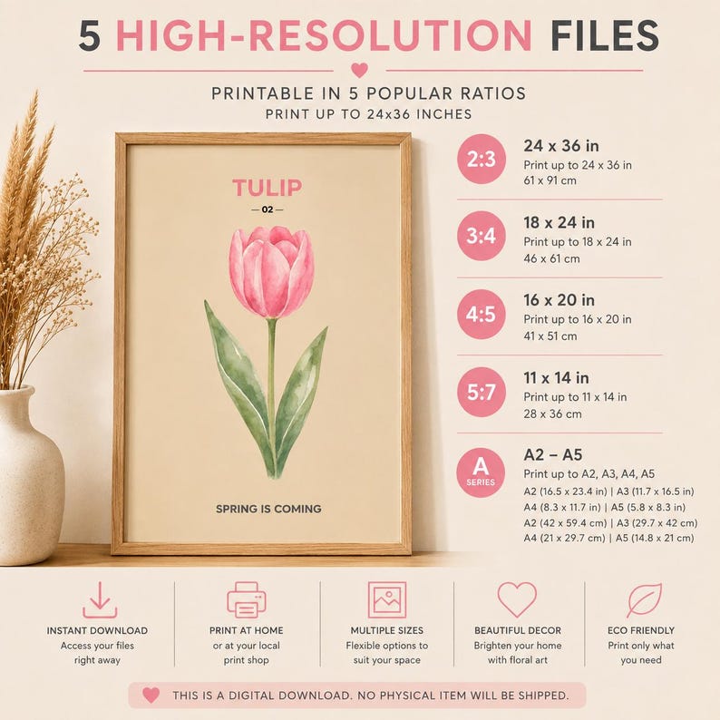 Pink tulip floral wall art print, extra photo 1