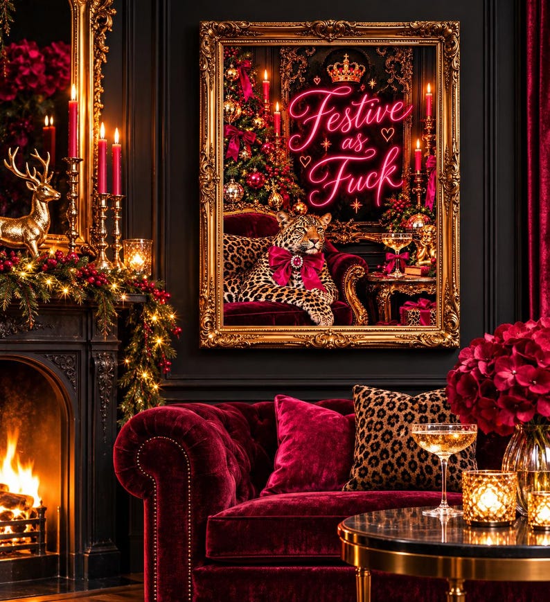 Festive as Fuck Christmas print of a leopard lounging on a burgundy velvet sofa with gold Victorian detailing, candles and neon pink typography, extra photo 3