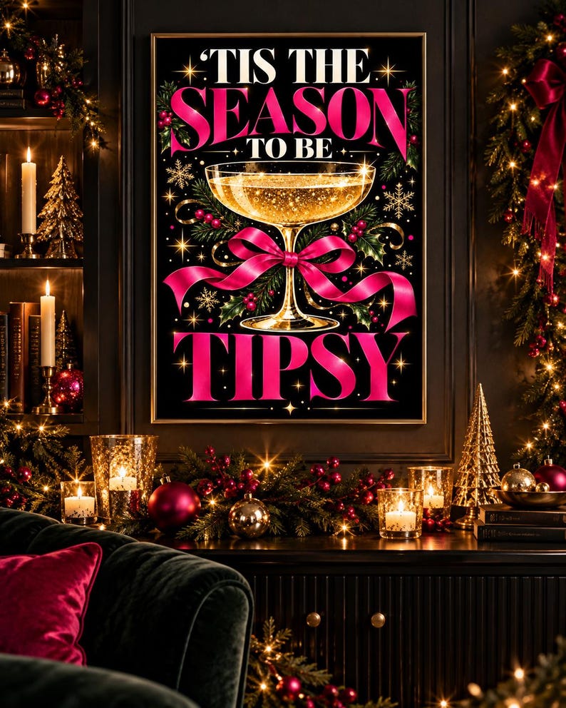 Tis the Season to Be Tipsy pink Christmas cocktail wall art print, extra photo 2