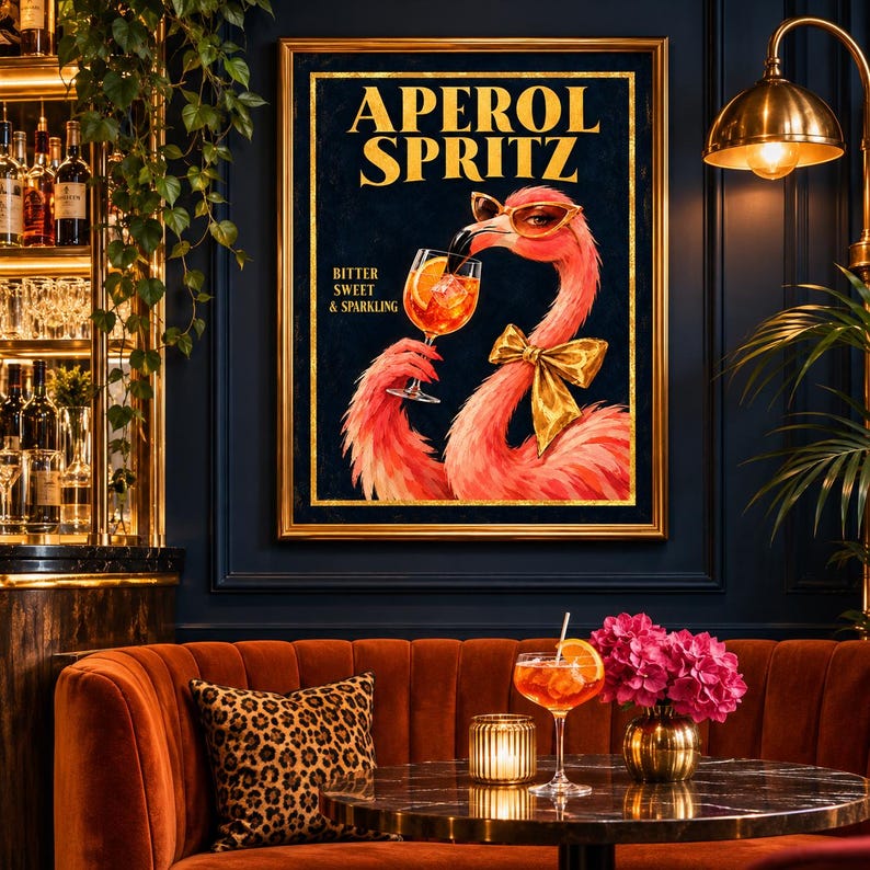Aperol Spritz flamingo print of a pink flamingo in golden sunglasses with a sparkling cocktail, navy, gold and coral tones, extra photo 2