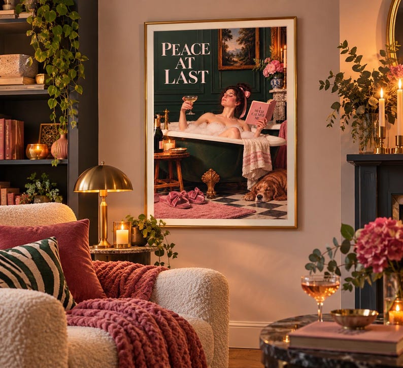 Peace At Last vintage bathroom print of a woman in a bubble bath with champagne and a book, dark green panelling and soft pink details, extra photo 3